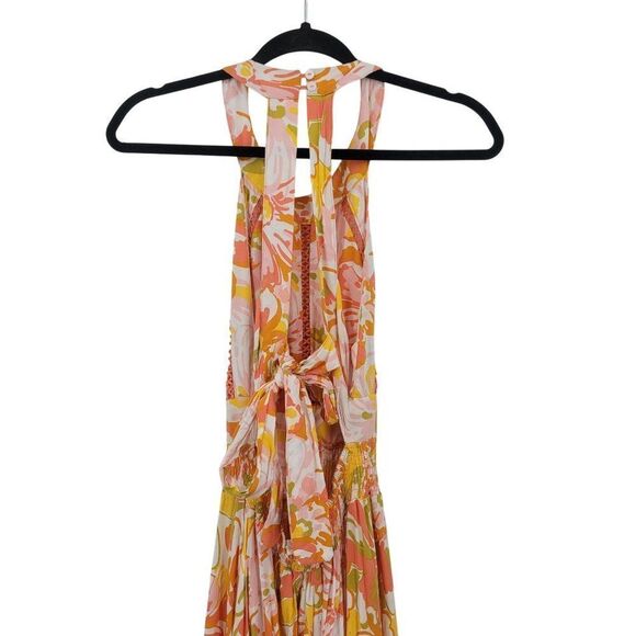 Abel The Label Sz S Pink Orange Floral Tie Cutout Halter Maxi Slip Dress Rayon - Picture 9 of 14